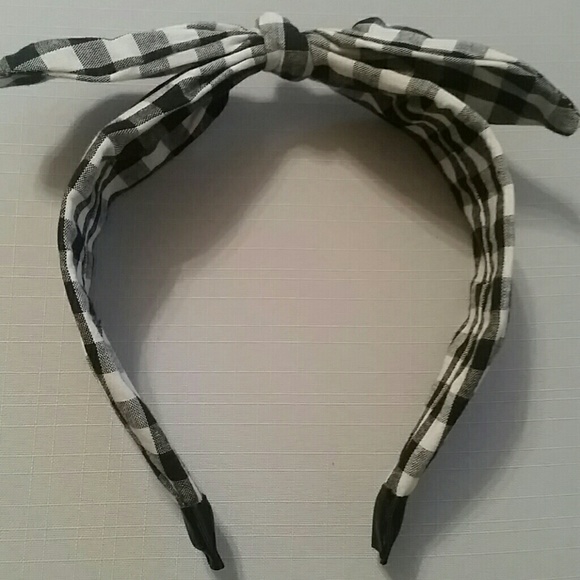 Black White Gingham Print Fabric Headband with Bow - Picture 6 of 6